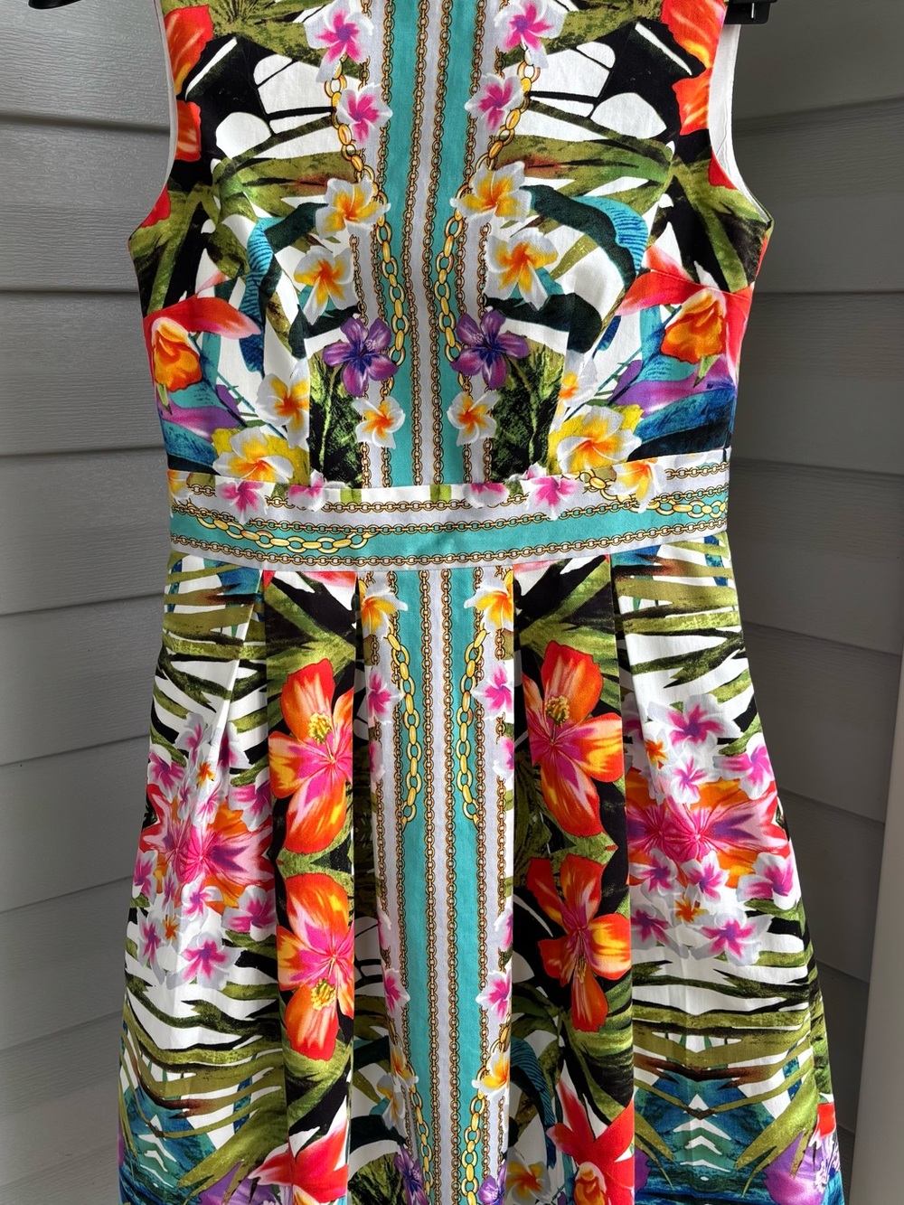 Maggie London Dress Size 4 Tropical Floral Chain Print Fit Flare Pockets